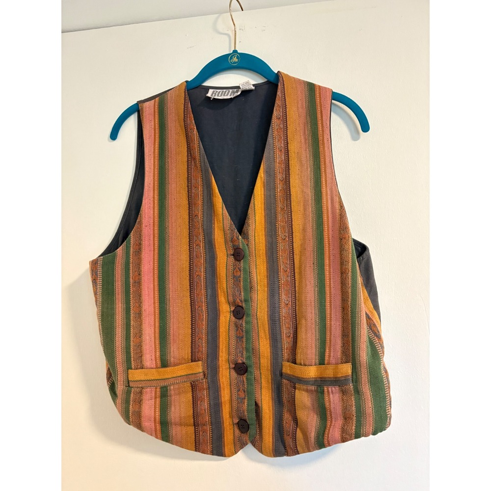 Vintage Boom Woven Striped Cotton Vest Earthy Boho Button Front Medium